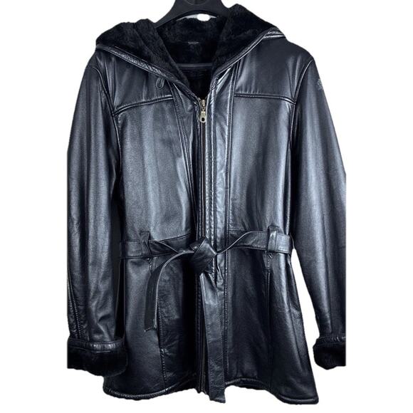 Wilsons Blk Leather Sz XL Longer Faux Fur Lined Reversible Pockets Tie Full Zip - Picture 1 of 13